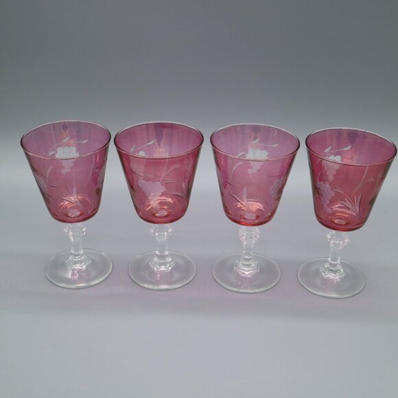 Crystal Amethyst Cranberry 5" Wine Glasses Grapes Vine Pattern | Aperitif - Picture 6 of 6